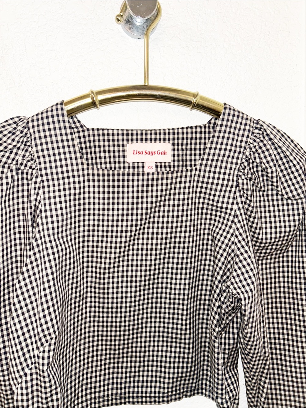 LISA SAYS GAH The Maddie Puff LongSleeve Gingham SquareNeck Blouse Cotton SZ: XS - Picture 2 of 13